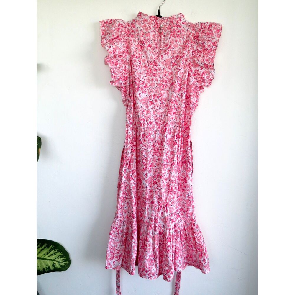 Banjanan Pink Floral Bulbul Cotton Mini Dress Ruffle Tie Waist Small NWOT